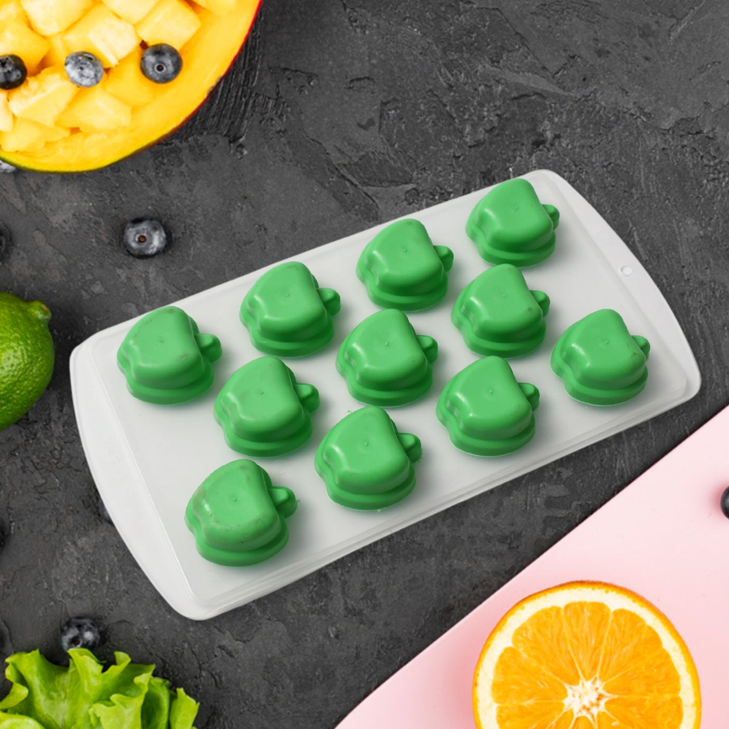 Wukusy silicone ice cube tray with colorful fruit-shaped molds for creative, multi-type ice cubes in a flexible, durable design