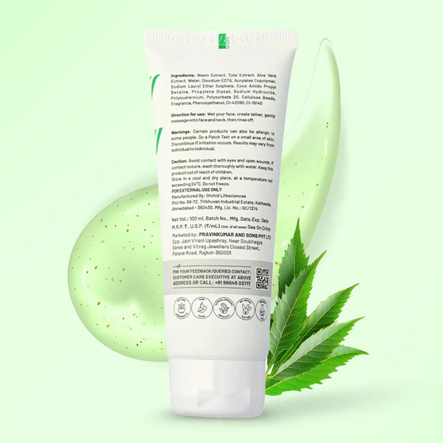 Wukusy Zequz Neem Tulsi Face Wash bottle, 100ml, in a clear plastic container with label, suitable for health and beauty skincare.