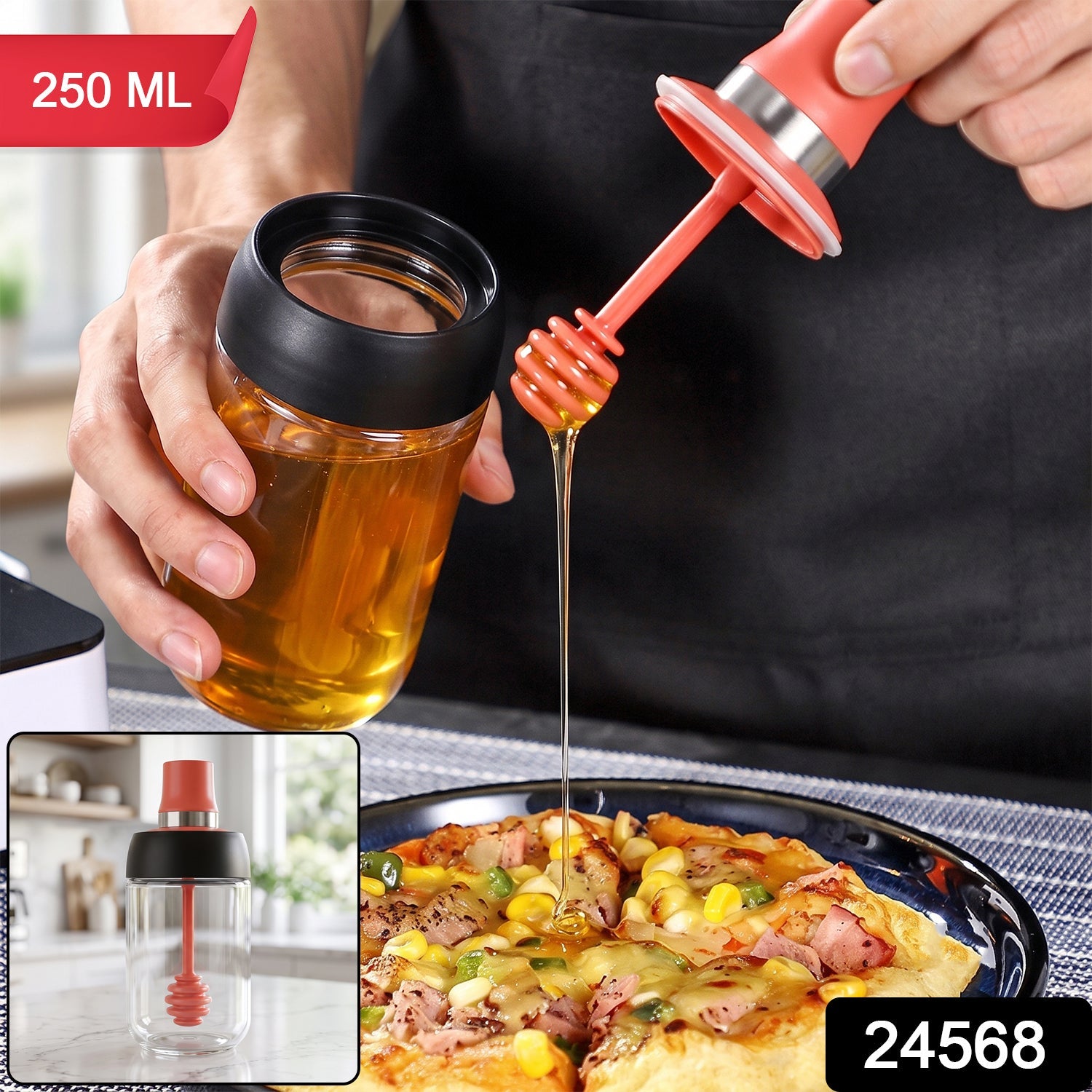 250 Ml Glass Honey Dispenser Bottle With Dipper For Kitchen And Dining Use (1 Pc)