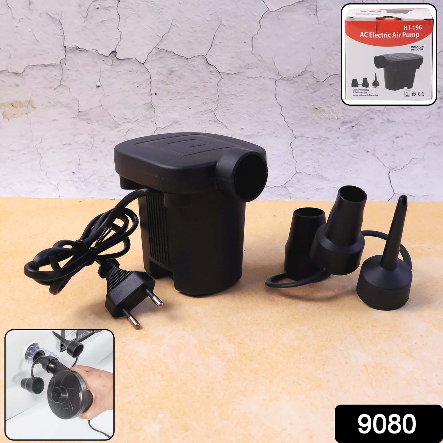 Wukusy 9080 electric air pump for balls and balloons with three nozzles, compact and portable for quick inflation.