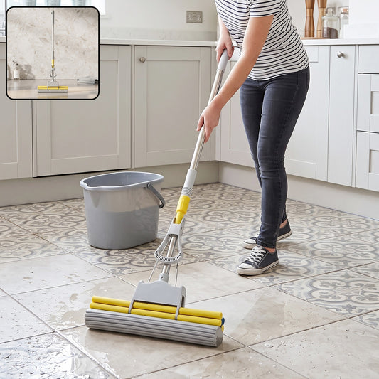 Sponge Floor Mop With Steel Telescopic Handle And Manual Wringer System (1 Pc)