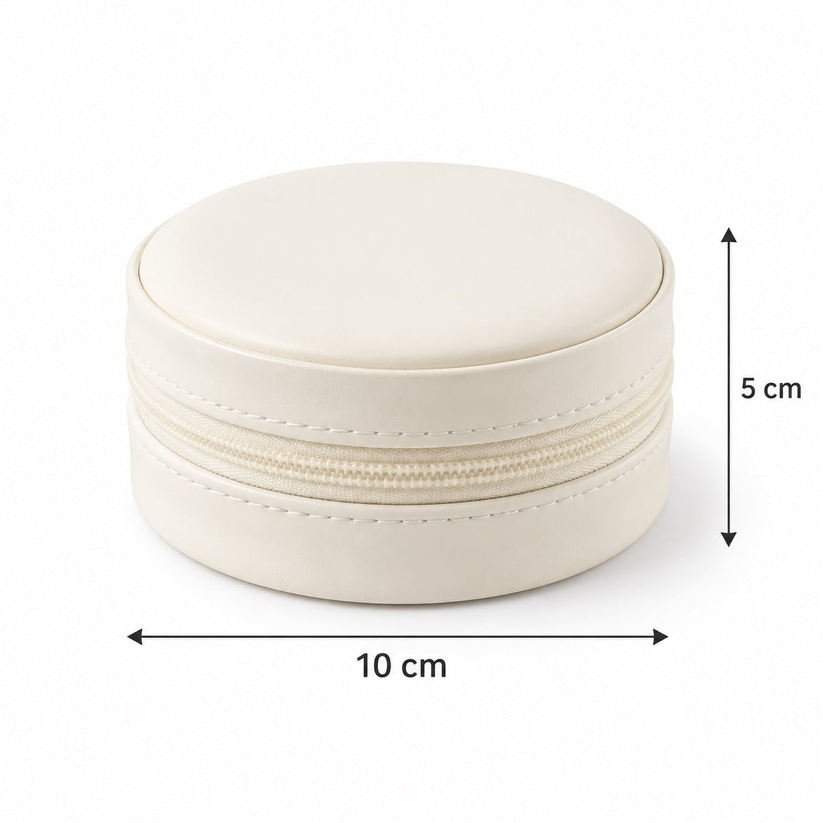 Wukusy round jewelry organizer box with ring rolls, zip closure, perfect for travel and storing earrings, necklaces, and rings.