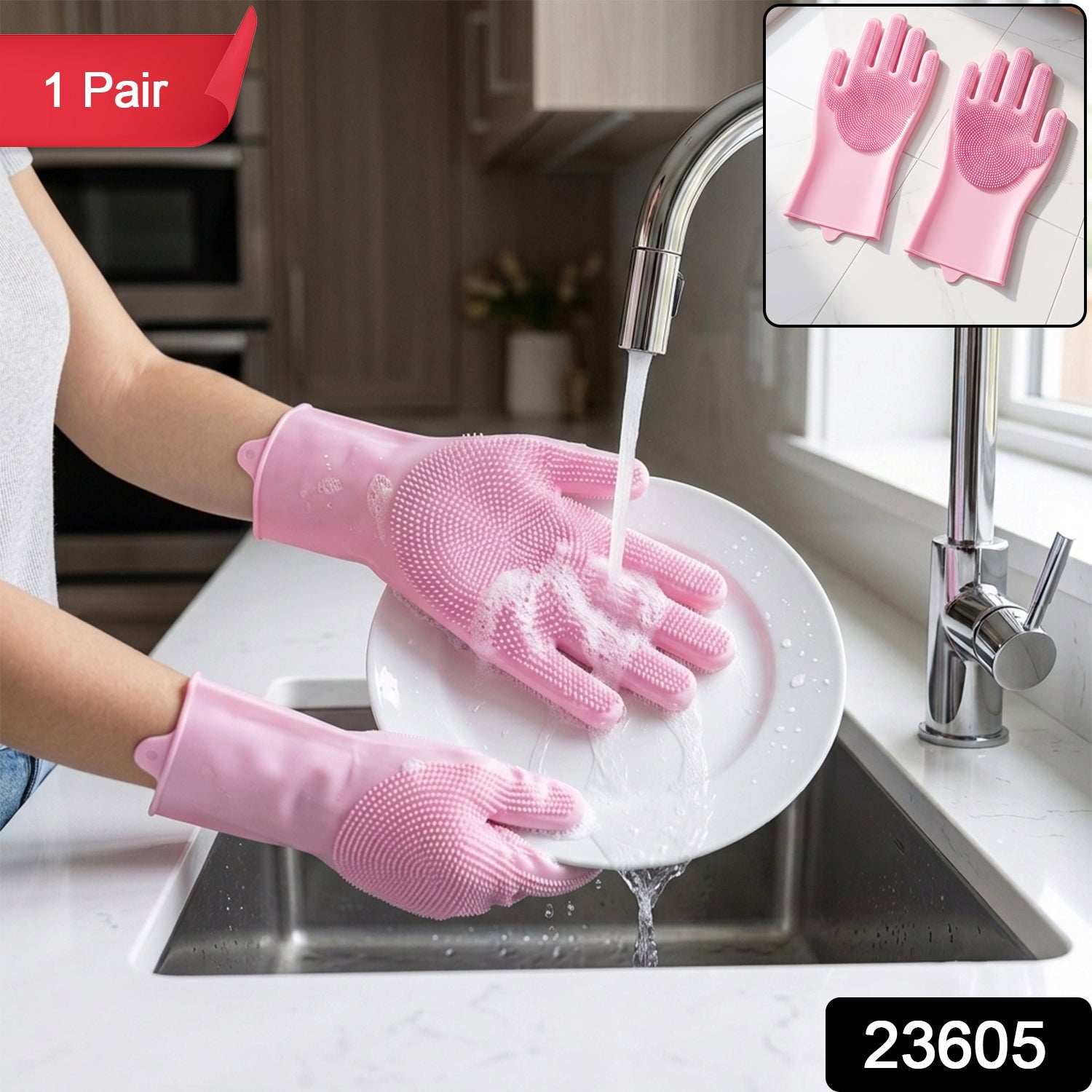 Pink Silicone Cleaning Gloves With Scrubbing Bristles For Kitchen Washing (1 Pair)