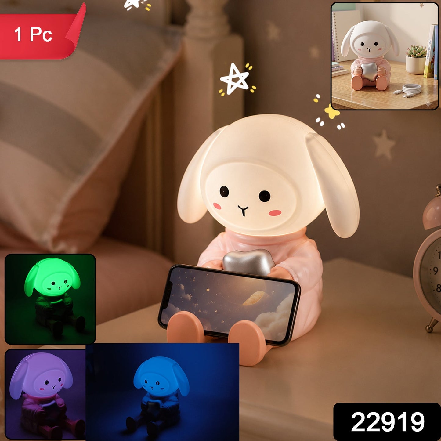 Wukusy rabbit LED night light with mobile phone stand on bedroom or study table, providing soft lighting and convenient phone support.