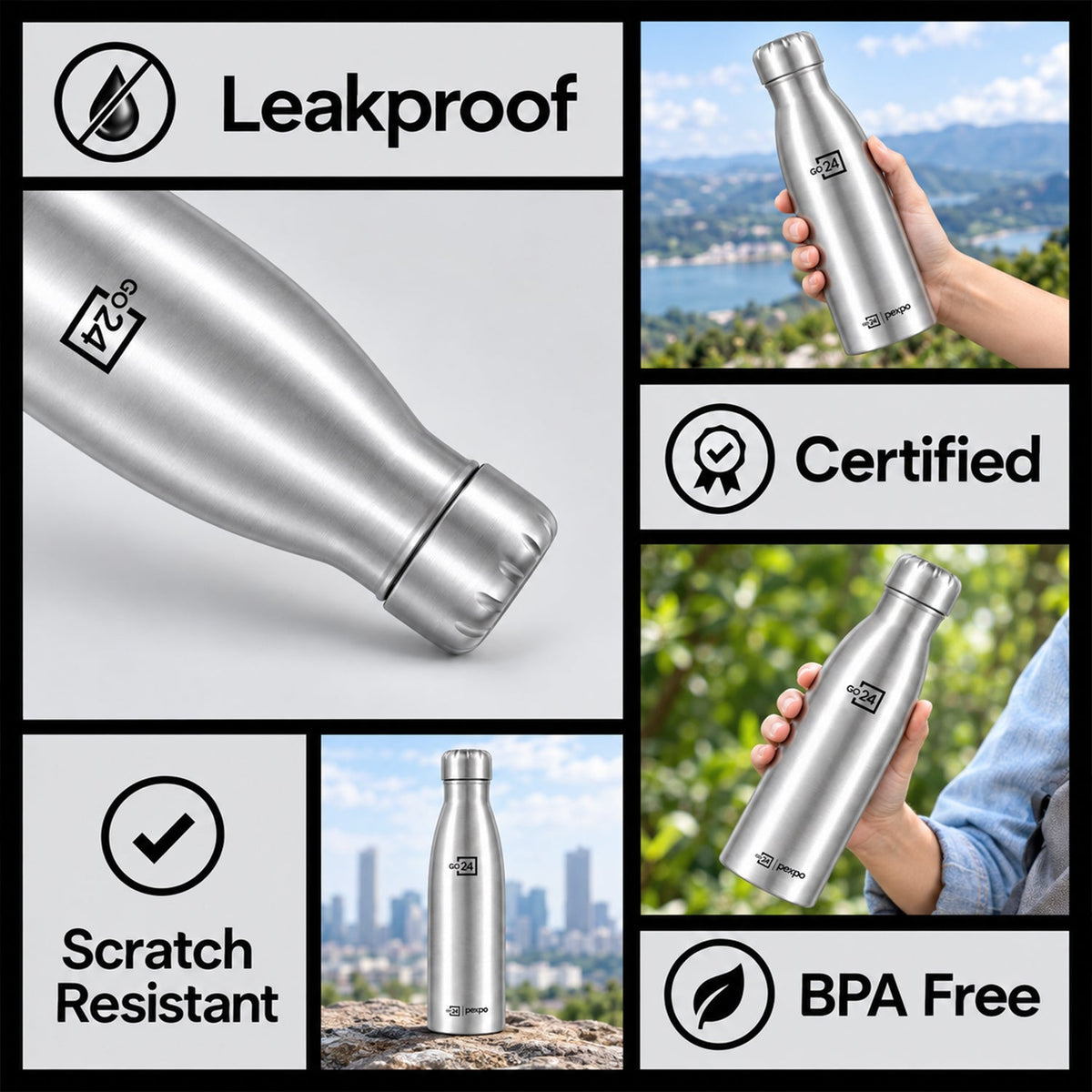 Wukusy stainless steel water bottle with screw cap, 1000ml capacity, suitable for office and travel, shown in the image.