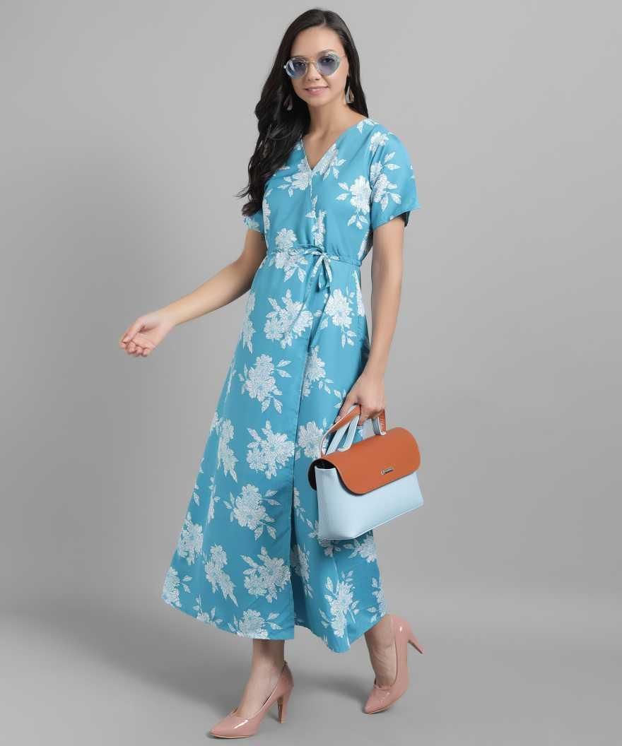 Women's crepe floral print V-neck maxi dress from DARZI Women's Collection by Drpshippr, featuring a flowing design and vibrant floral pattern.