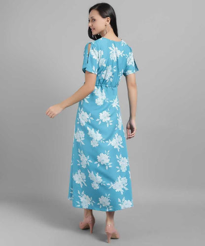 Drpshippr DARZI women's crepe floral print V-neck maxi dress, flowing fabric with vibrant floral pattern and elegant silhouette.