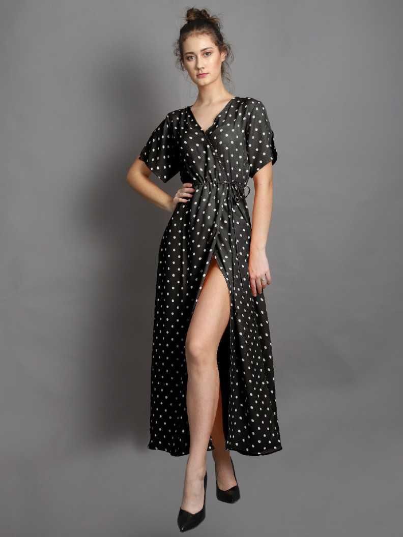 Women's Drpshippr crepe polka dot drop waist dress from DARZI Women's Collection, featuring a stylish, flowy silhouette and classic polka dots.
