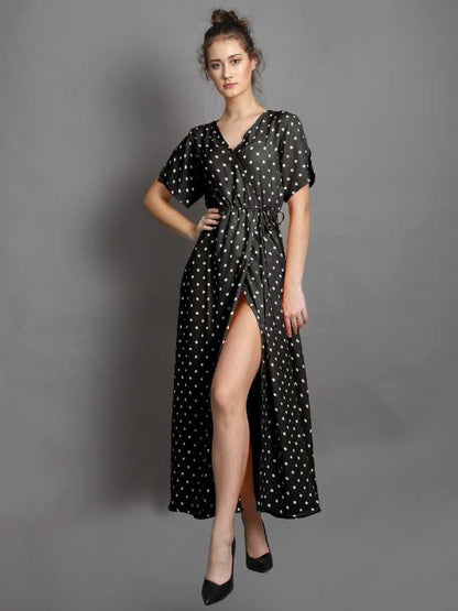 Women's Drpshippr crepe polka dot drop waist dress from DARZI Women's Collection, featuring a stylish, flowy silhouette and classic polka dots.