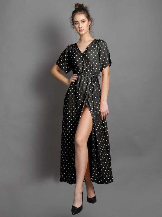 Women's Drpshippr crepe polka dot drop waist dress from DARZI Women's Collection, featuring a stylish, flowy silhouette and classic polka dots.