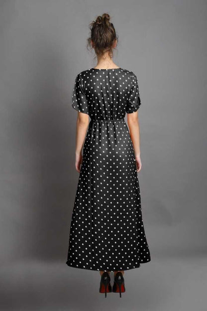 Women's crepe polka dot drop waist dress from DARZI Women's Collection, featuring a stylish, casual design with a flattering fit.