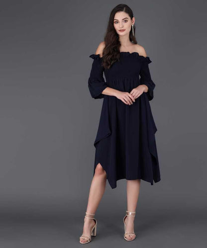 Elegant women's crepe drop waist dress by Drpshippr from the DARZI collection, shown in a solid color fabric.