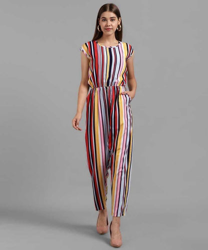 DARZI WOMEN'S CREPE STRIPE PRINT CAP SLEEVES JUMPSUIT
