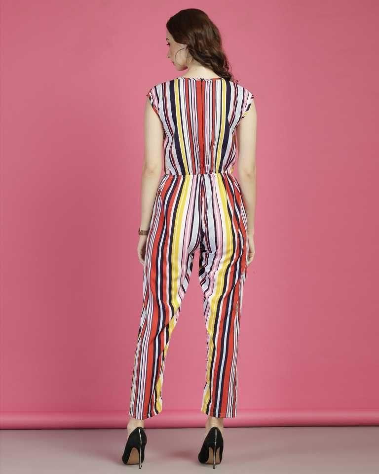 DARZI WOMEN'S CREPE STRIPE PRINT CAP SLEEVES JUMPSUIT