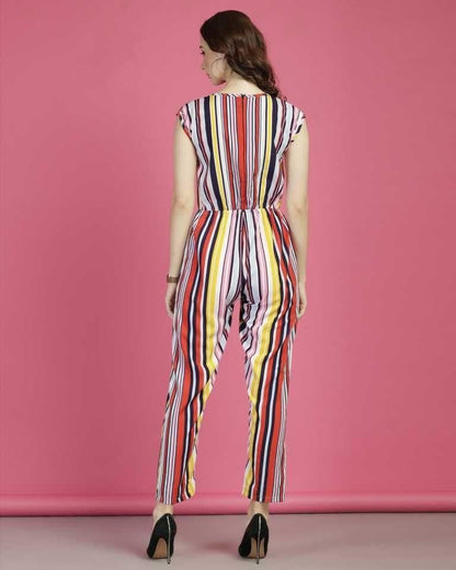 DARZI WOMEN'S CREPE STRIPE PRINT CAP SLEEVES JUMPSUIT
