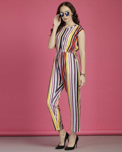 DARZI WOMEN'S CREPE STRIPE PRINT CAP SLEEVES JUMPSUIT