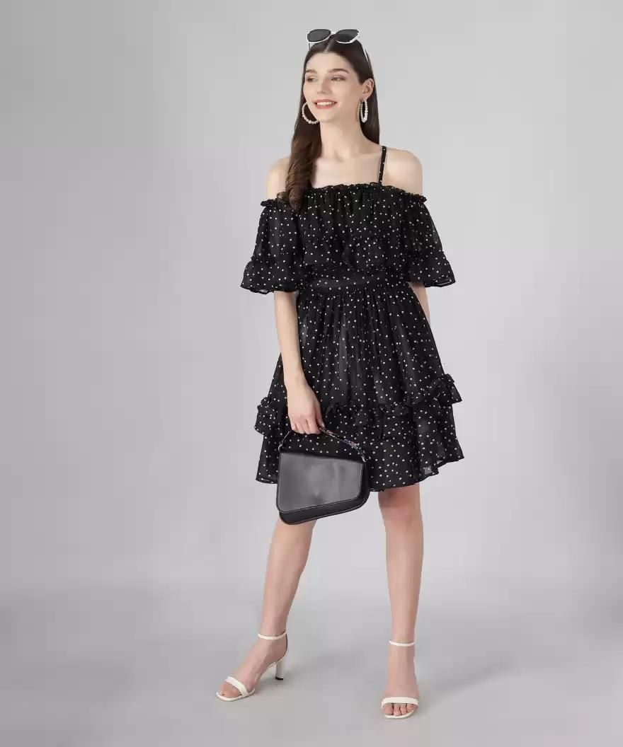 Women's Georgette Polka Dot Drop Waist Dress by Drpshippr from the DARZI Women's Collection, featuring a stylish drop waist and polka dot pattern.