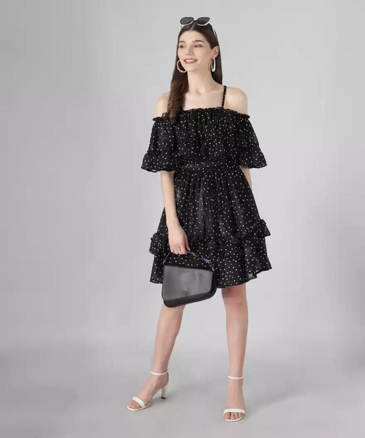 Women's Georgette Polka Dot Drop Waist Dress by Drpshippr from the DARZI Women's Collection, featuring a stylish drop waist and polka dot pattern.