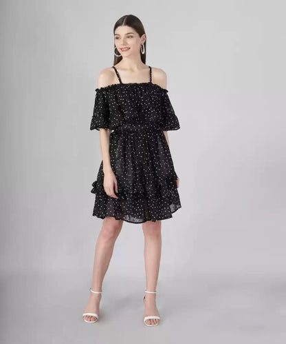 Women’s Georgette Polka Dot Drop Waist Dress by Drpshippr, featuring a flowy silhouette and classic polka dot pattern.