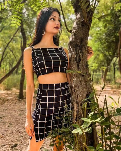 Darzi women's lycra blend checkerboard print top and skirt set from Drpshippr Women's Collection, stylish and comfortable outfit.
