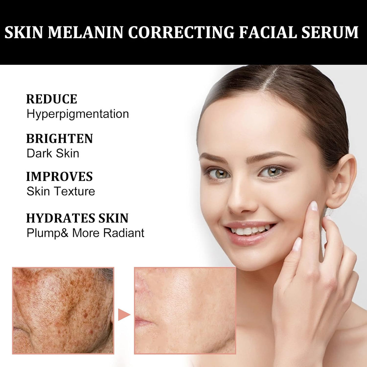 Dropdash Melanin Correcting Facial Serum 50ML in a clear bottle with a dropper, designed for brightening and evening skin tone.