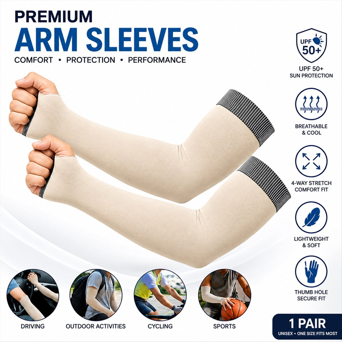 Wukusy UV protection arm sleeves with thumb holes for cycling and driving, lightweight and breathable, in a pair.