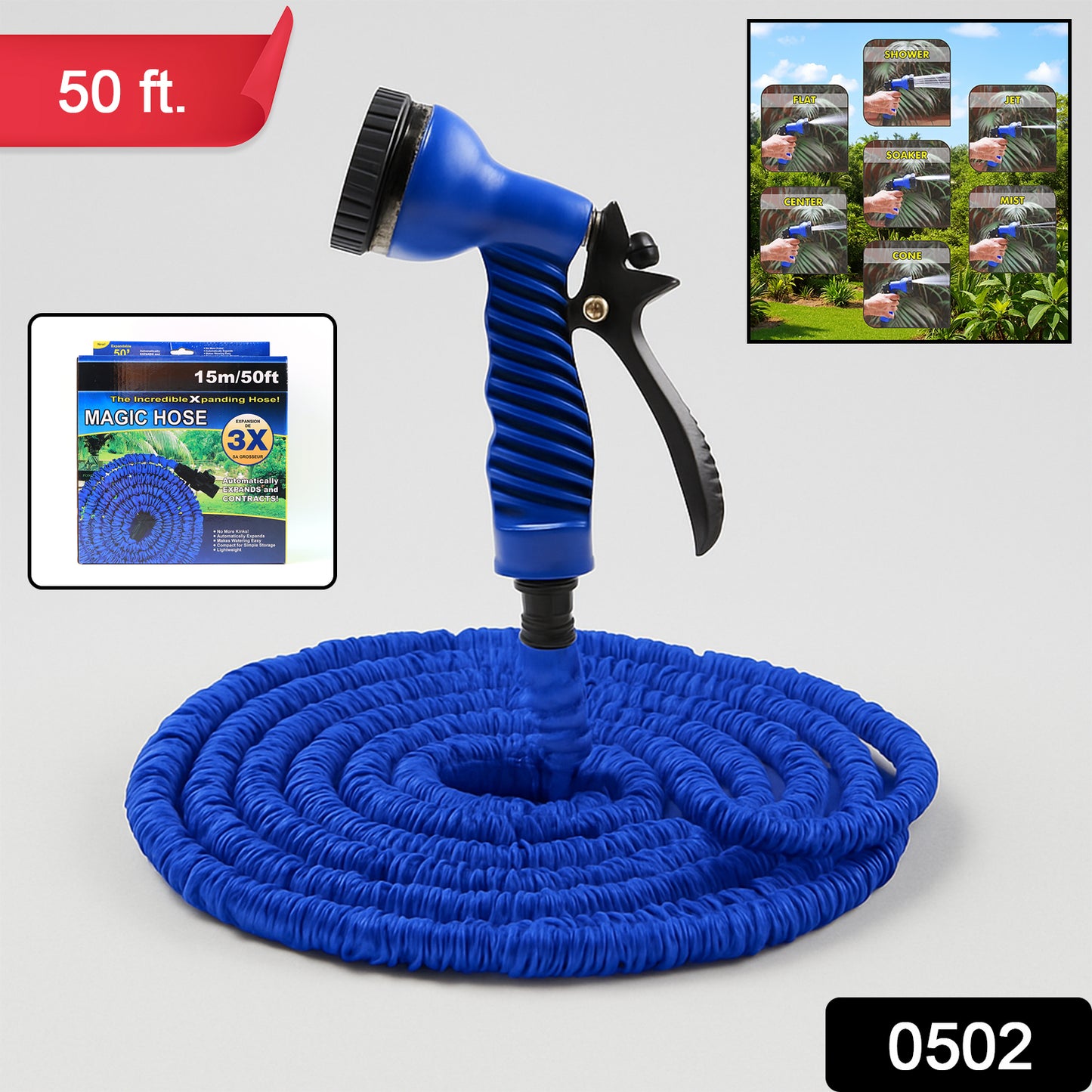 Wukusy 50 ft expandable garden hose pipe with spray nozzle for washing cars and bikes, featuring a handheld spray gun.