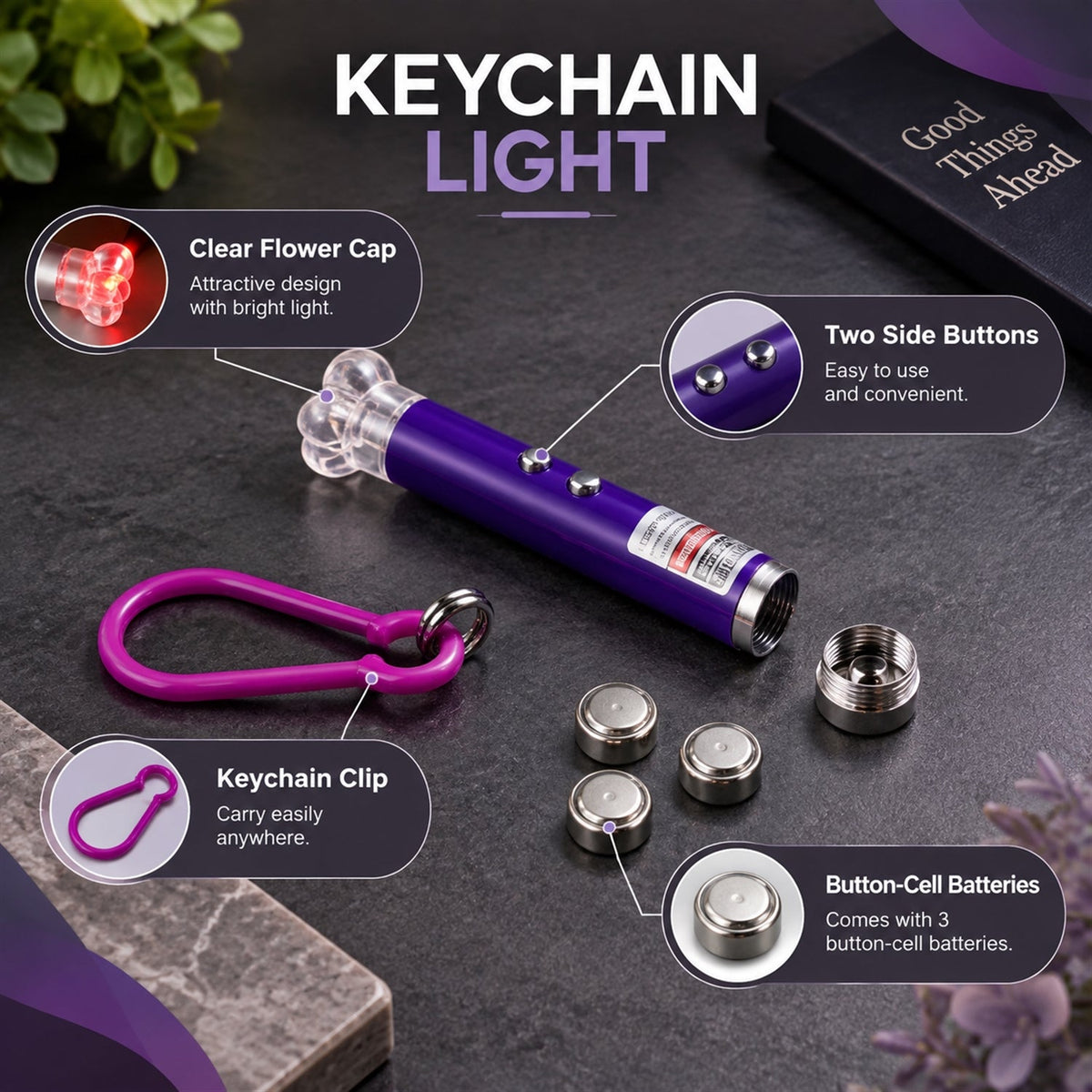 Wukusy laser pointer keychain with flower cap, clip, compact portable design for daily carry and easy flashlight use.