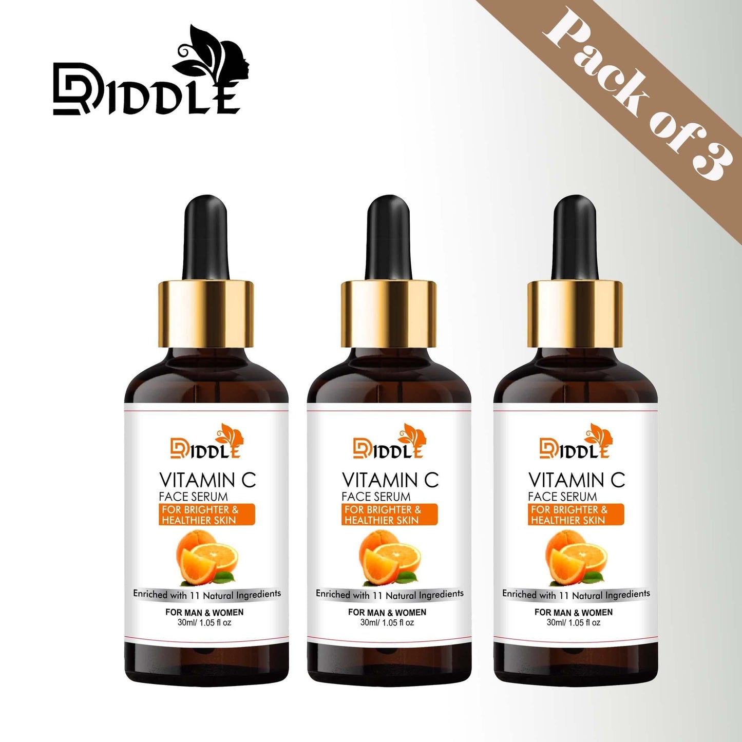 Box of three Driddle Vitamin C Face Serums by Drpshippr, featuring clear bottles with dropper caps, for brightening skincare.