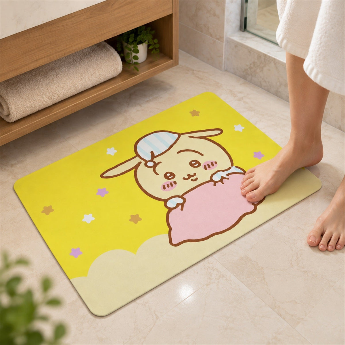 Wukusy absorbent bathroom mat with cute cartoon bunny print, quick-drying 60x40 cm cotton bath mat for bathroom comfort