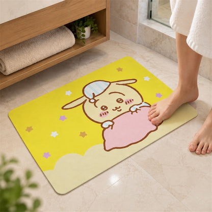 Wukusy absorbent bathroom mat with cute cartoon bunny print, quick-drying 60x40 cm cotton bath mat for bathroom comfort
