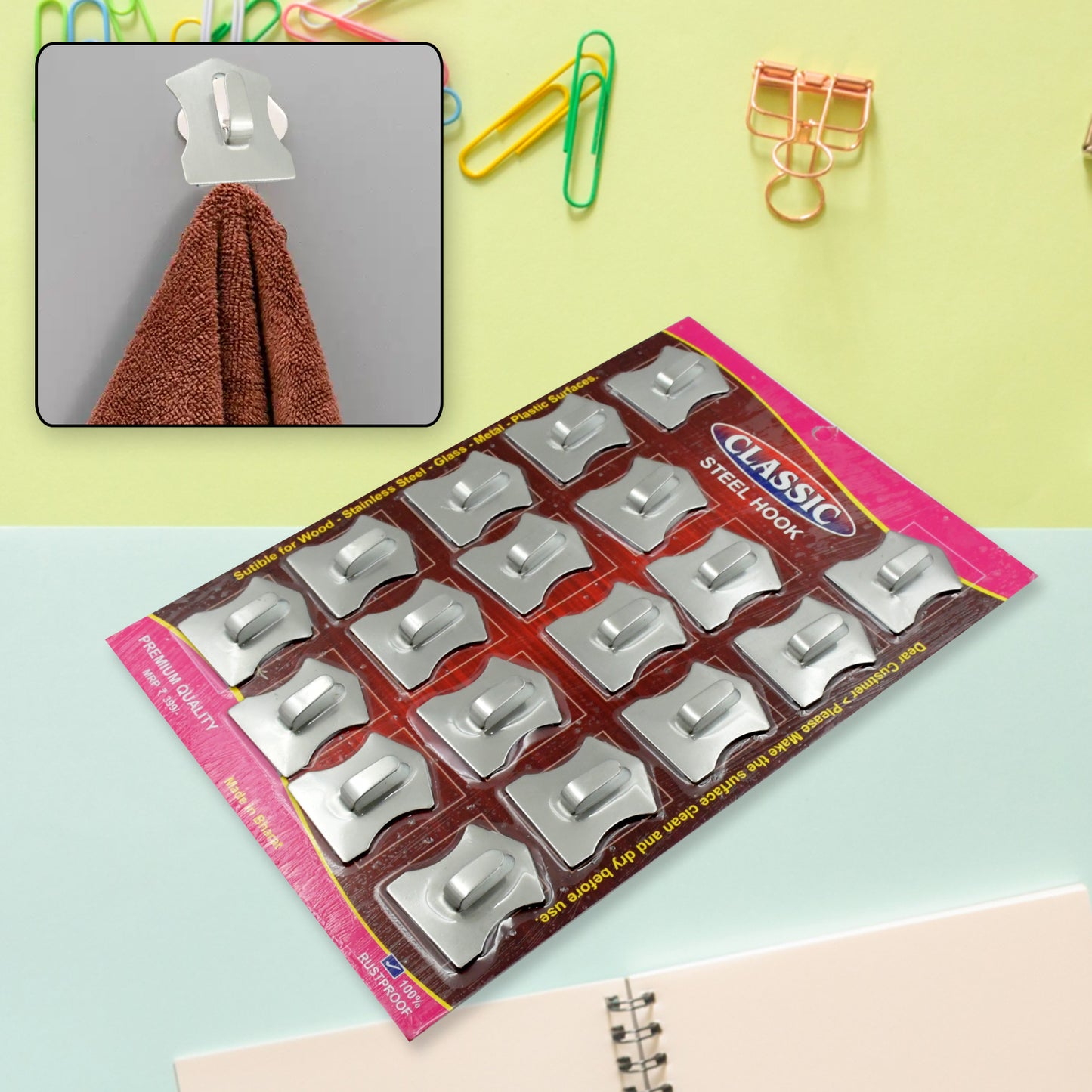 Set of 18 stainless steel wall hanging hooks by Wukusy, self-adhesive heavy-duty hooks for bathroom, kitchen, or home organization.