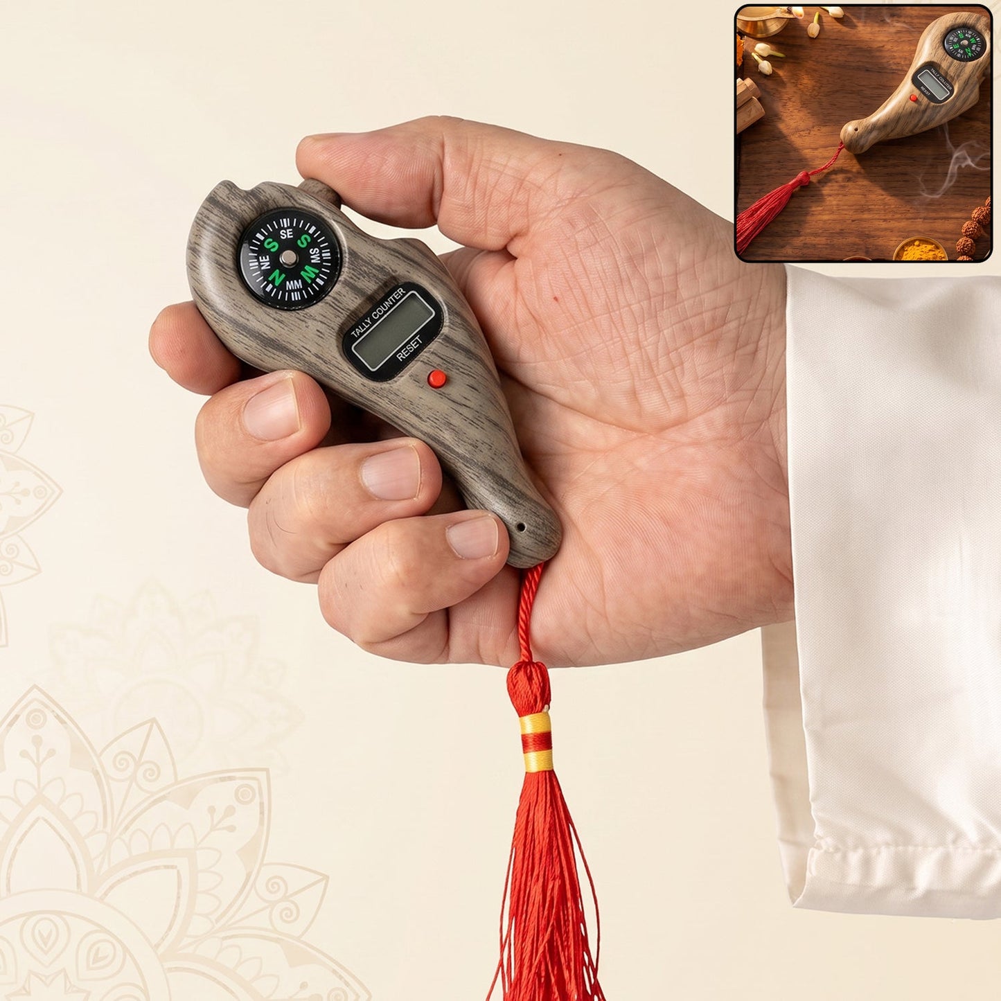 Wukusy wooden digital tasbih counter with handheld LCD display and built-in compass, used for mantra jaap counting.