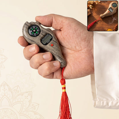 Wukusy wooden digital tasbih counter with handheld LCD display and built-in compass, used for mantra jaap counting.