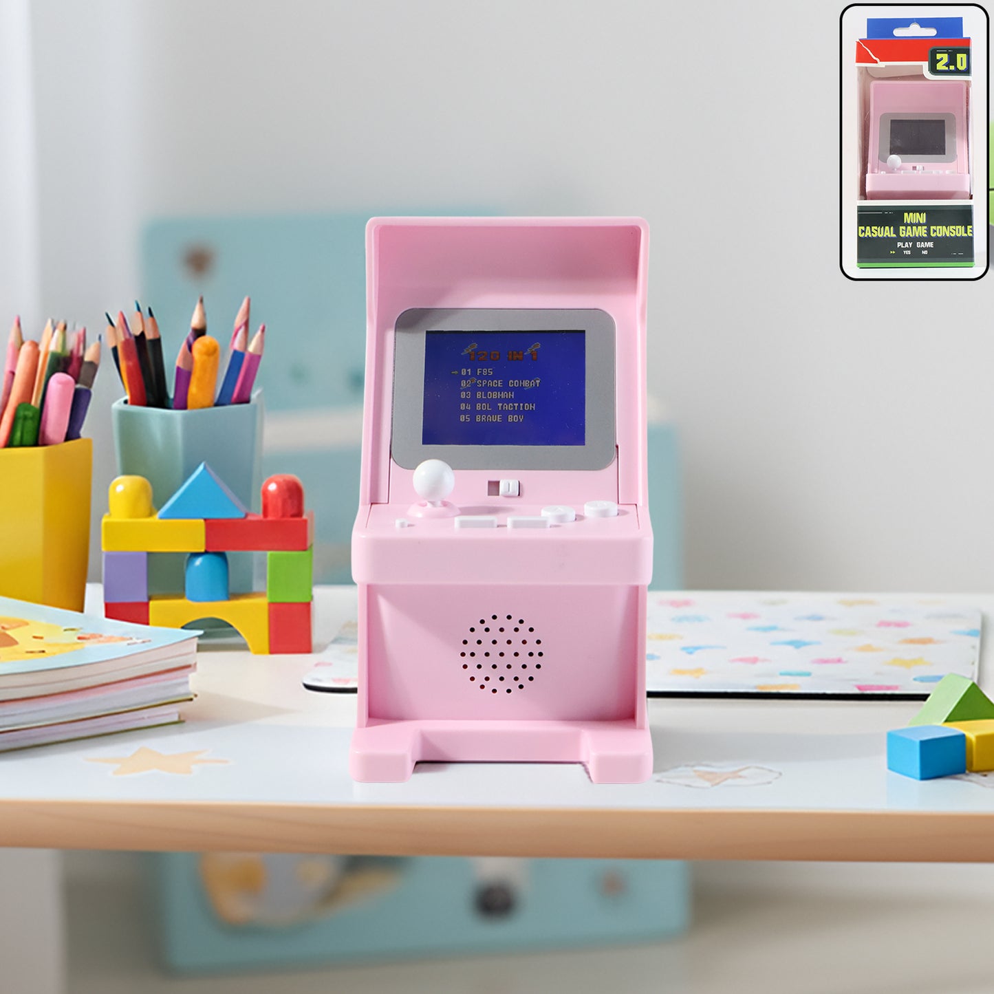 Wukusy mini retro arcade gaming console with 120 built-in classic games, featuring colorful buttons and vintage design.