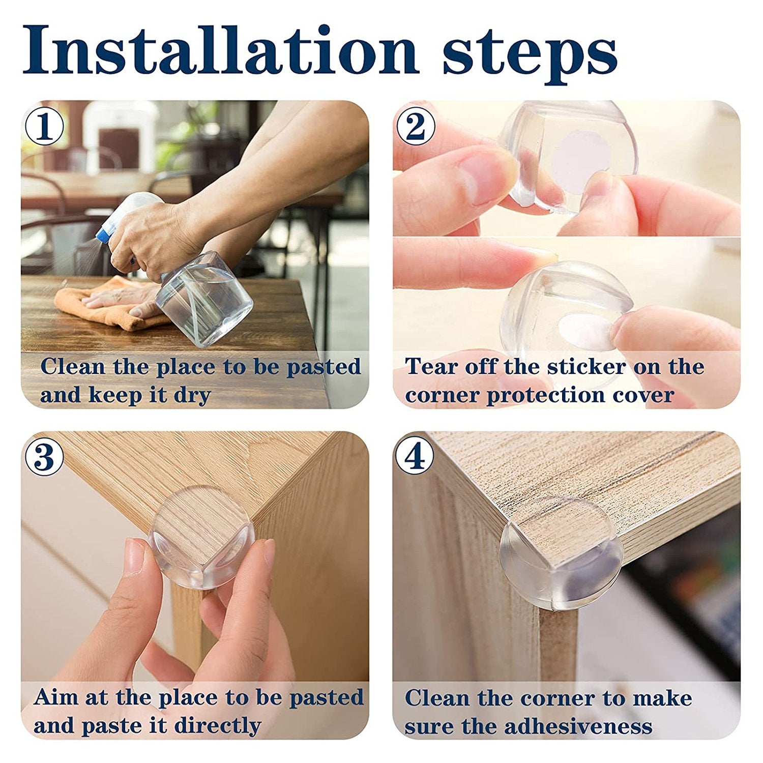 Set of four clear Wukusy corner guards with high-adhesion adhesive for protecting home corners from damage.