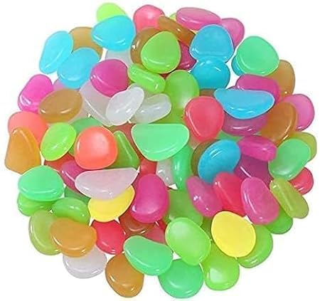 Glow in the Dark Rocks by Drpshippr, 100 luminous pebbles for garden, aquarium, pond, pathway, and outdoor decoration scenes.