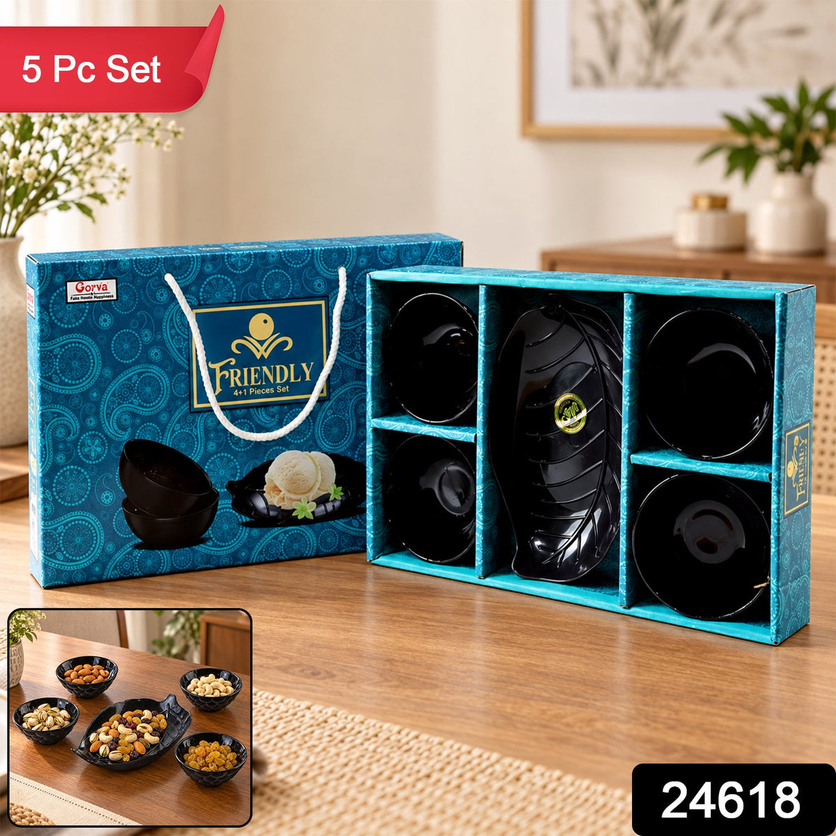 Wukusy 5-piece serving bowl set with leaf-shaped platter for snacks and dry fruits, ceramic dinnerware with green leaf design