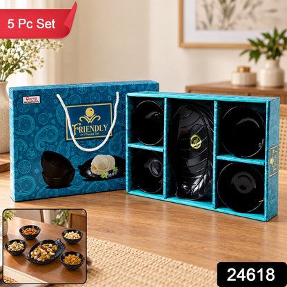 Wukusy 5-piece serving bowl set with leaf-shaped platter for snacks and dry fruits, ceramic dinnerware with green leaf design