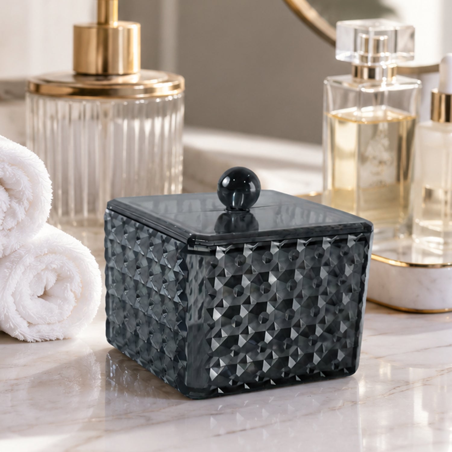 Plastic Cotton Swab Storage Box With Lid For Bathroom Vanity And Desk Use (1 Pc)
