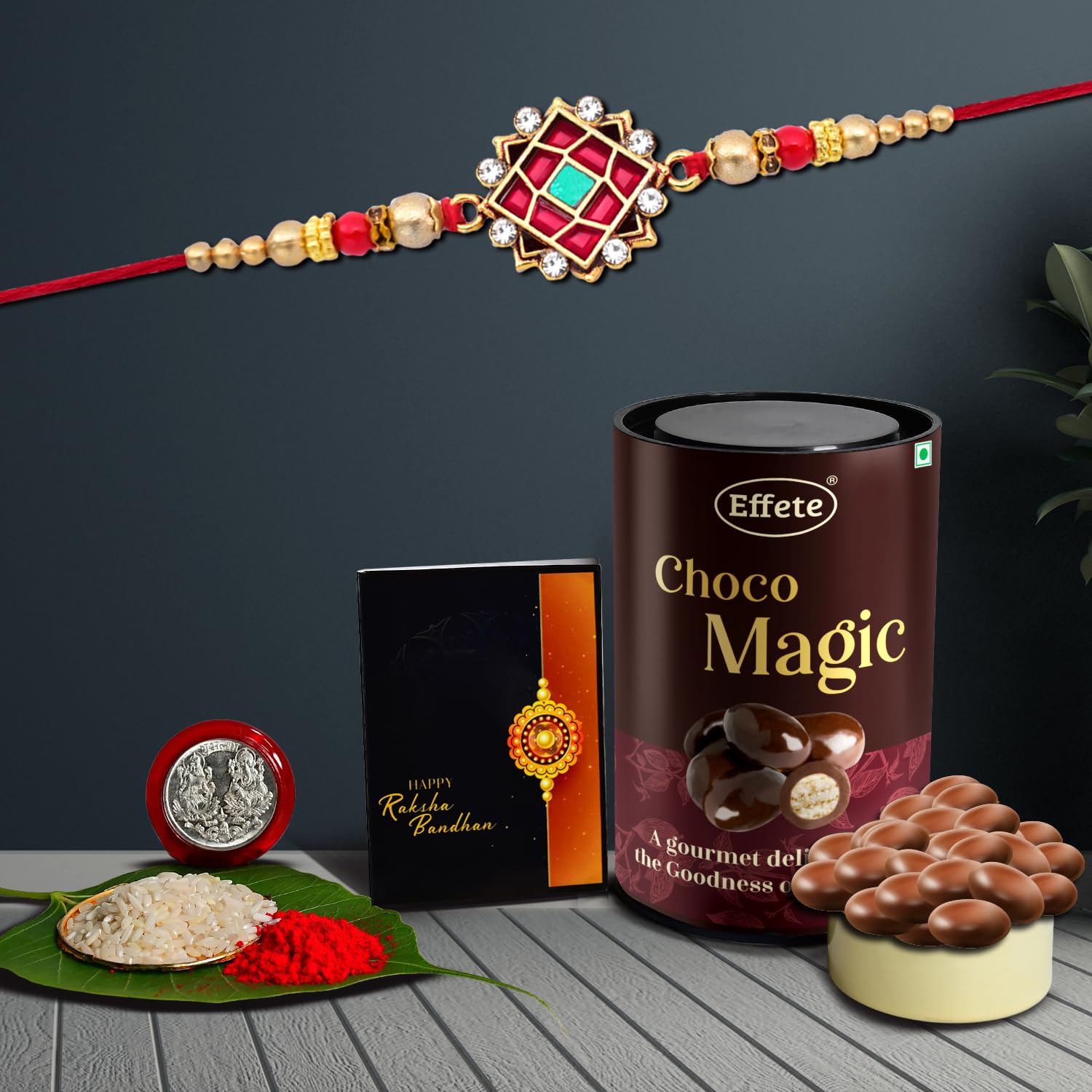 Wukusy Rakhi combo with chocolate gift pack, featuring a fancy Rakhi for men and chocolates, ideal for brothers.