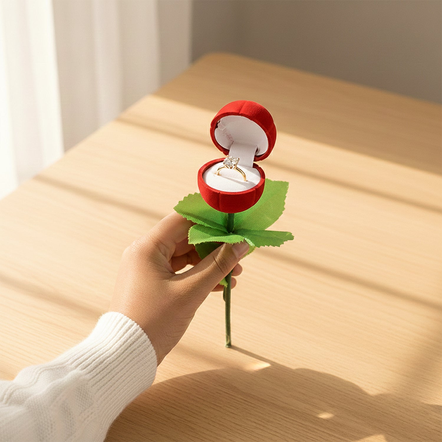 Romantic Artificial Rose Ring Box Stick  2 Piece Flower Shaped