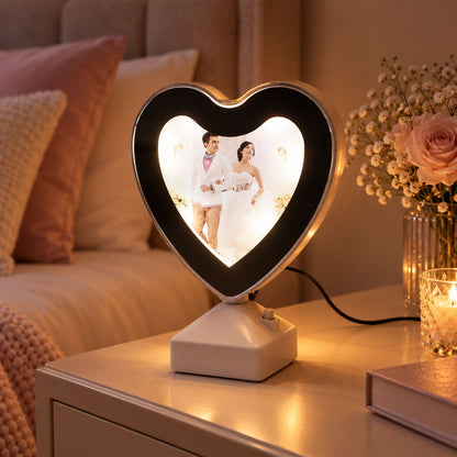 Heart-shaped LED mirror photo frame with warm light, tabletop home decor by Wukusy, showcasing a decorative photo display.