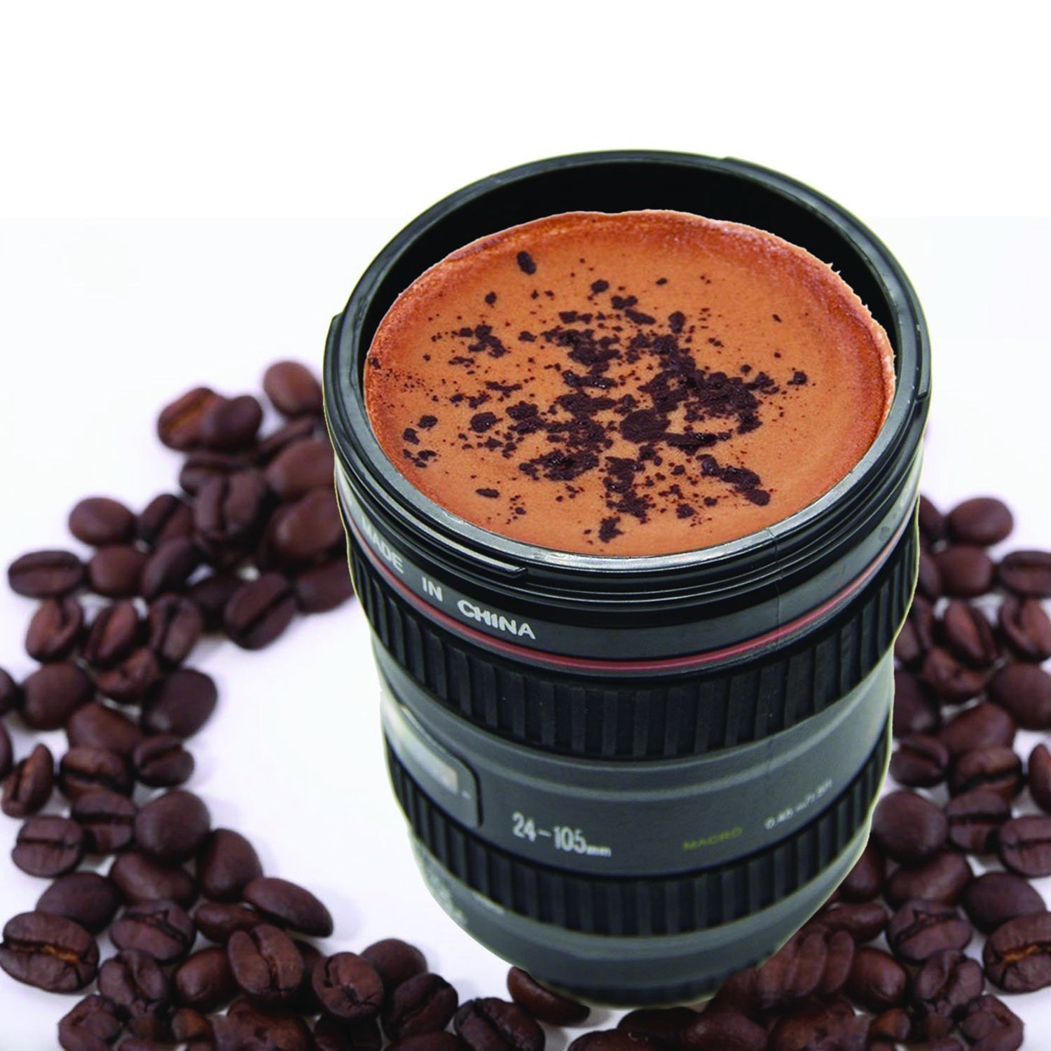 Wukusy stainless steel coffee mug designed to look like a camera lens, durable plastic construction, kitchen tool for coffee lovers
