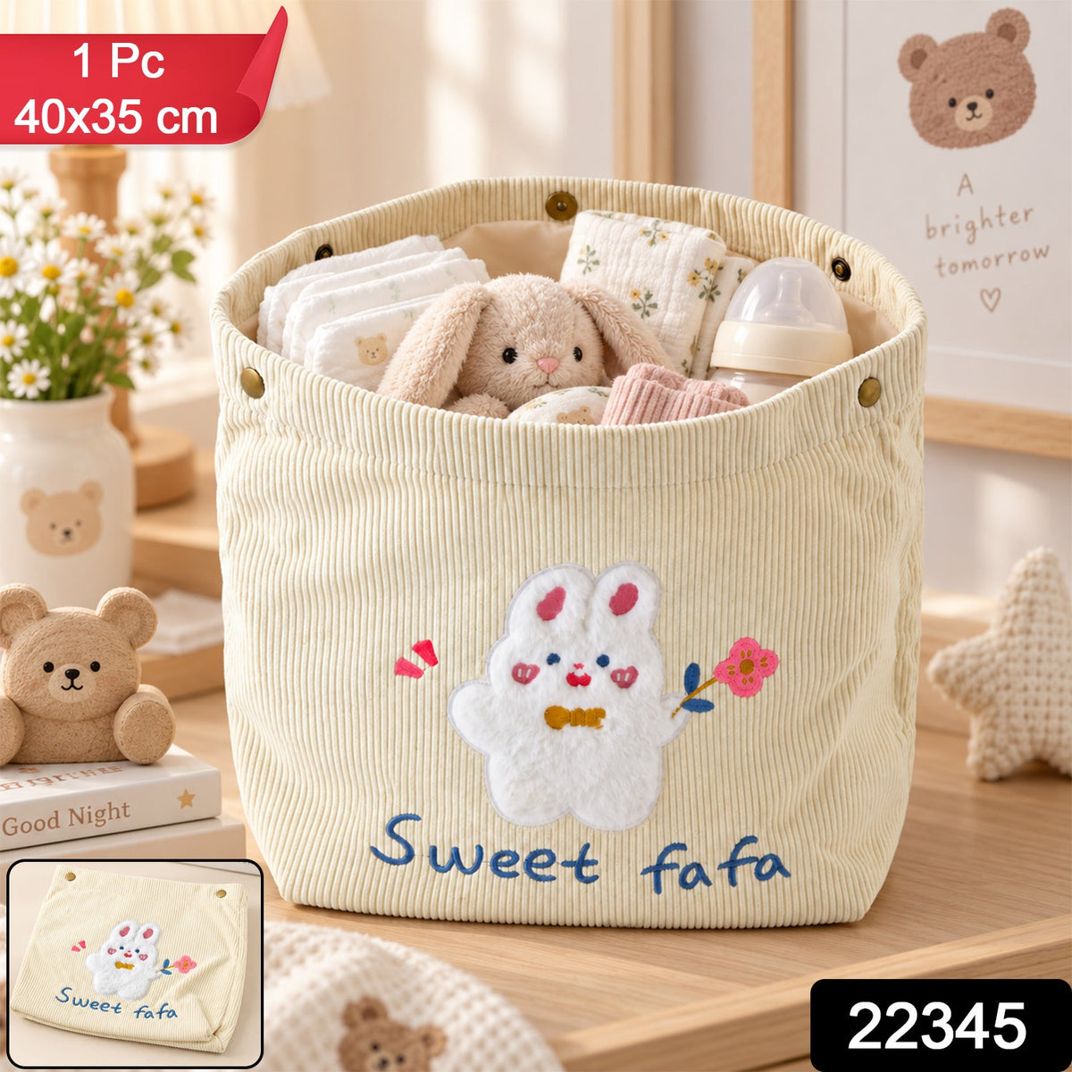 Wukusy foldable fabric storage basket with snap closure, used for toys, clothes, and home organization, shown with open lid.