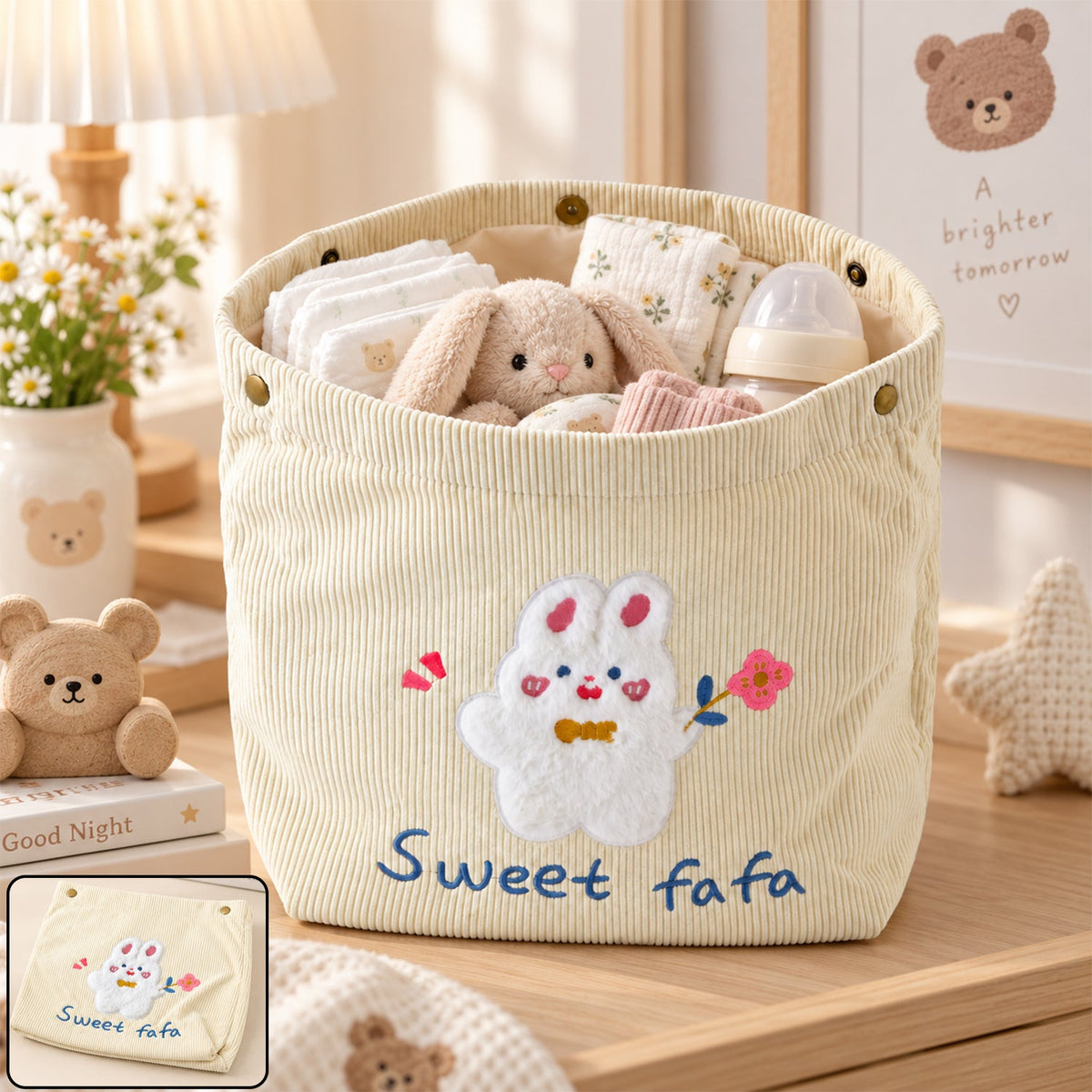 Wukusy foldable fabric storage basket with snap closure for toys, clothes, and home organization, shown in a folded open position.