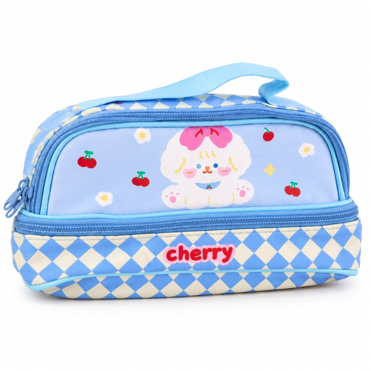 Printed zipper pouch with top handle for makeup and stationery, Wukusy brand, 24x15 cm, soft fabric, colorful floral design.