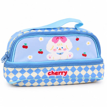 Printed zipper pouch with top handle for makeup and stationery, Wukusy brand, 24x15 cm, soft fabric, colorful floral design.