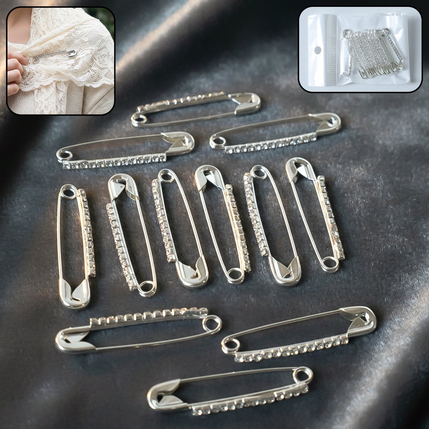 Set of 12 decorative silver finish safety pin brooches featuring intricate designs, ideal for accessories or craft projects.