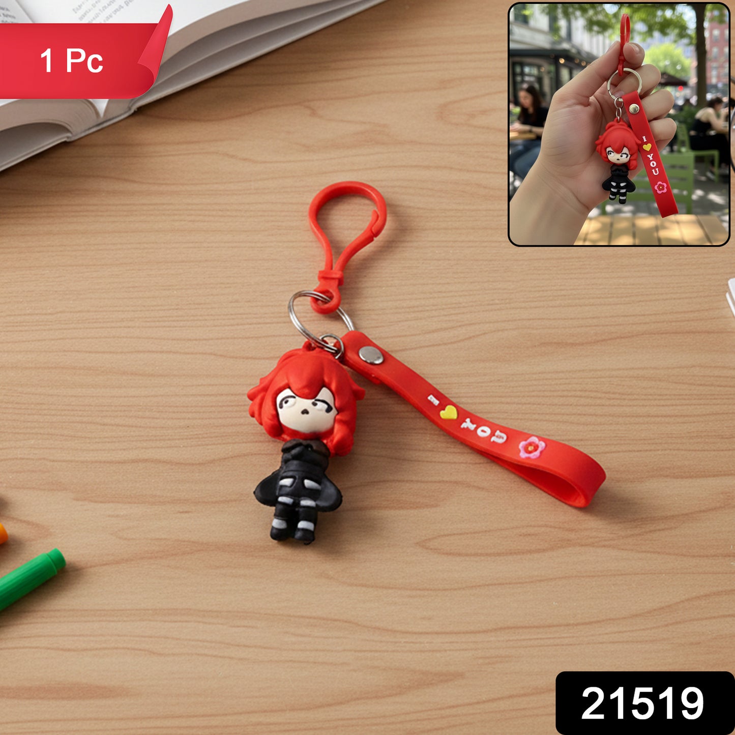 Cute Red Hair Cartoon Girl Silicone Keychain (1 Pc)